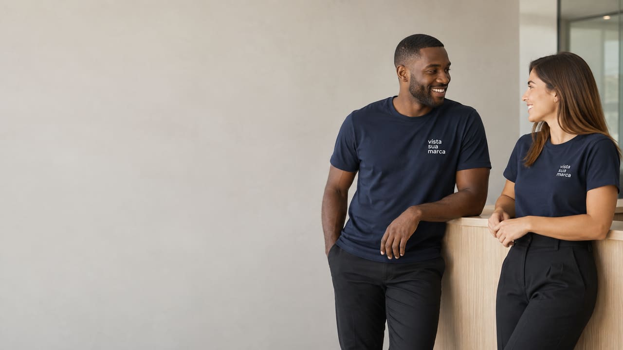 Casal de profissionais vestindo camisetas de uniforme corporativo premium Vista Sua Marca em ambiente de escritório